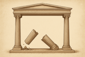 A plane with three pillars stands if only one pillar falls